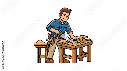 A cartoon man saws wood on a table in a workshop