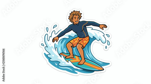 A cartoon surfer rides a wave on a surfboard with a wetsuit and shorts
