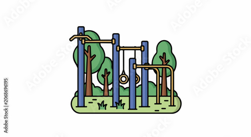 A cartoon outdoor gym with exercise equipment surrounded by trees and grass