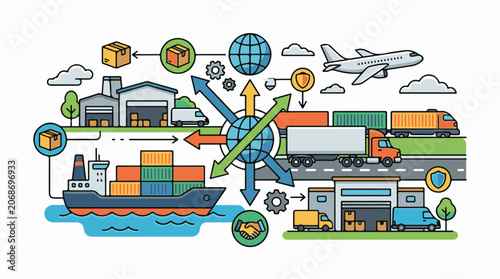 A colorful infographic shows global supply chain and transportation methods