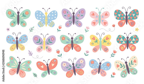 Cute Pastel Butterfly Stickers Collection with Floral Decorative Elements