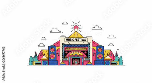 A colorful illustration of a music festival stage with speakers, a large entrance, and a bright sun