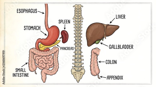 Medical illustration of human digestive system organs and spinal column anatomy