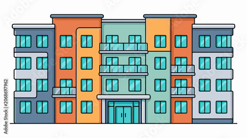 A colorful, cartoon-style illustration of a multi-story apartment building with various balconies