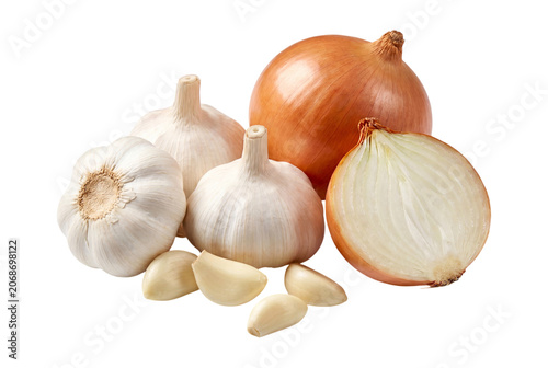 Fotografía Onions And Garlic Bulbs On Transparent Background