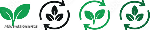 Eco recycle icon set, green plant leaf symbols for sustainability, organic growth and environmental protection vector illustration new vertion design.