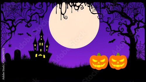 Halloween Scene With Castle Pumpkins And Full Moon