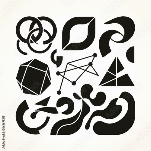 A collection of black geometric shapes on a white background