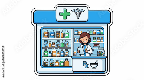 A cartoon pharmacist standing behind a counter with various medicine bottles on shelves
