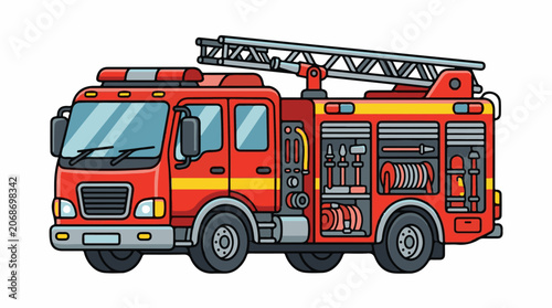 A cartoon-style illustration of a red fire truck with yellow and gray accents