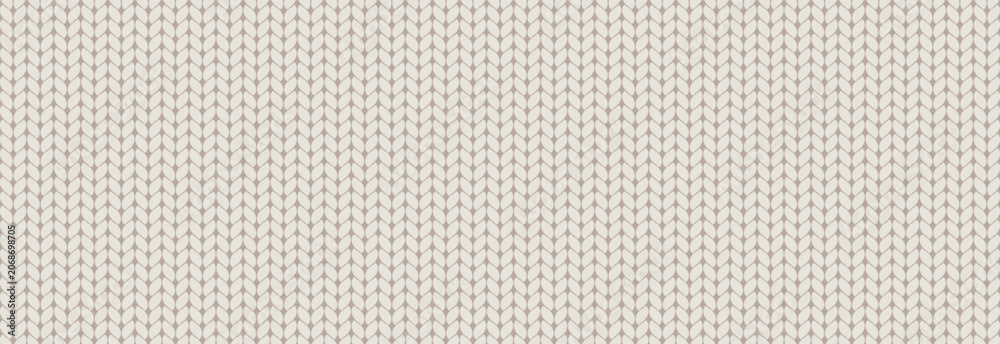 Fototapeta premium Cream knit texture banner imitating wool jersey fabric. Beige seamless pattern with cozy winter cloth loop stitch ornament for warm background.