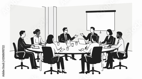 A black and white illustration of businesspeople in a meeting around a table