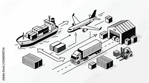 A black and white illustration of a shipping and logistics system
