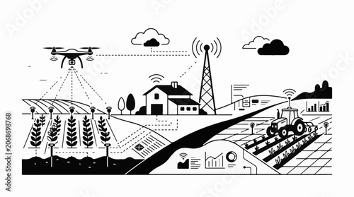 A black and white illustration of a farm with a drone flying over it