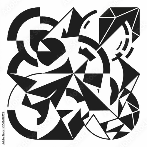 A black and white abstract geometric design composed of various shapes