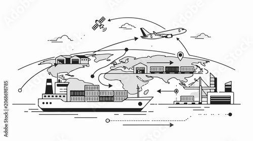 A black and white illustration depicting global logistics with a ship, airplane, trucks, trains, warehouses, and a satellite