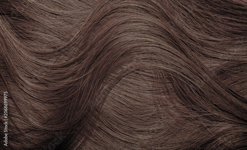 Brown hair close-up as a background. Women's long brown hair. Beautifully styled wavy shiny curls. Hair coloring. Hairdressing procedures, extension.
