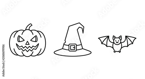 Halloween Icons Featuring Pumpkin Witch Hat And Bat In Line Style