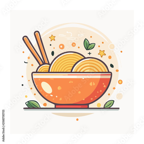 Flat design illustration of a bowl of noodles with chopsticks