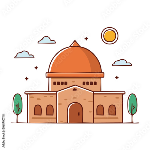 Flat design illustration of a dome building with trees and sun
