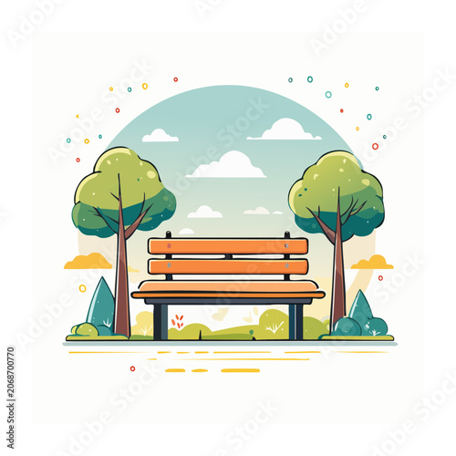 Flat design illustration of a park bench with trees and sky