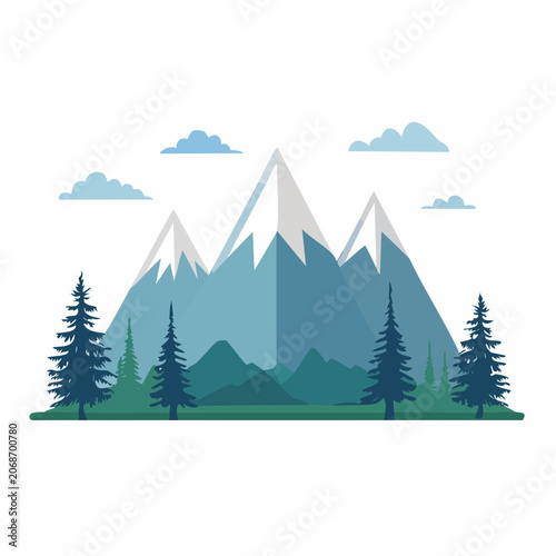 Flat Design Mountain Landscape with Pine Trees and Clouds