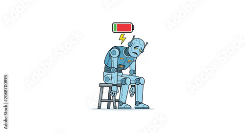 Konstfotografi Sad robot with low battery indicator on a white background vector illustration