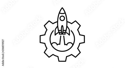 Photos Rocket ship and gear icon black line art on white background