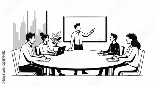 A black and white illustration of a man presenting to a group of four people in a meeting