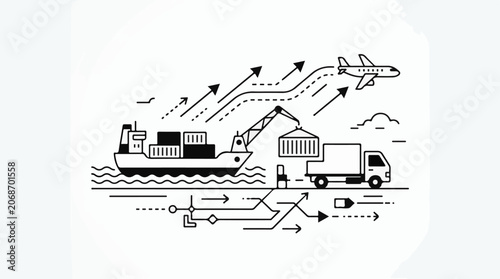 A black-and-white illustration depicts a cargo ship unloading containers onto a truck, with an airplane flying overhead