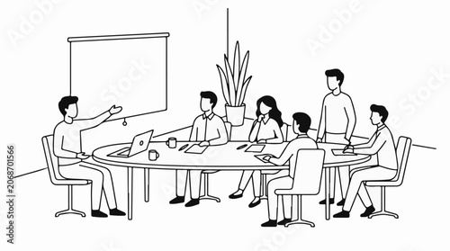 A black and white illustration of people sitting around a table in a meeting
