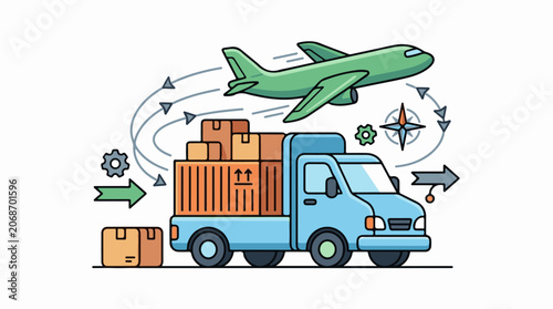 A blue truck carries shipping containers with an airplane flying overhead