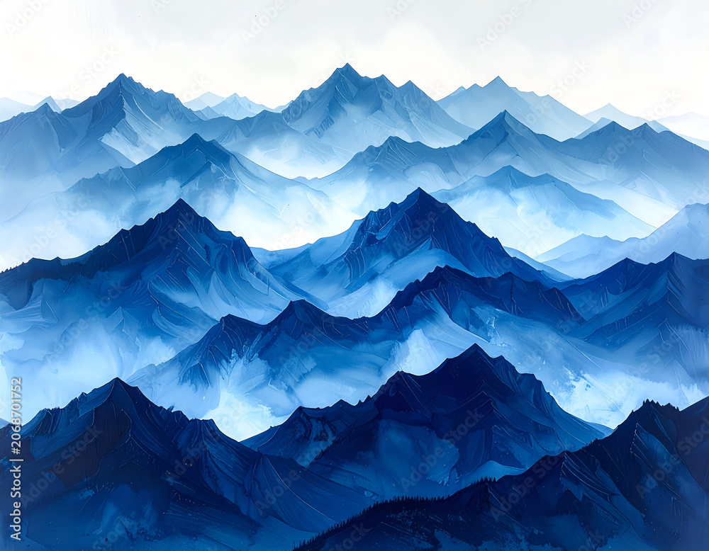 Fototapeta premium Misty Blue Mountain Range Landscape Painting.
