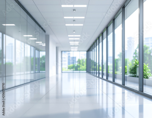 A bright and modern office hallway features expansive windows offering a scenic view of lush greenery and a distant cityscape, creating a spacious and inviting atmosphere.