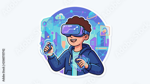 A cartoon boy wearing a VR headset and holding controllers