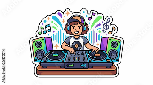 A cartoon boy wearing headphones operates a DJ setup with colorful speakers and music notes