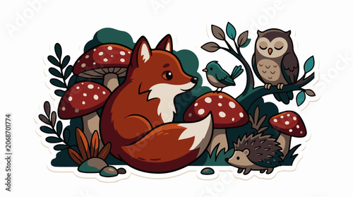 A cartoon forest scene with a fox, hedgehog, owl, bird, mushrooms, and foliage