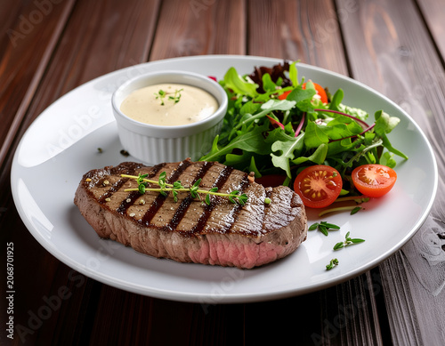 A beautifully presented grilled steak with a creamy sauce and fresh salad greens sits elegantly on a white plate against a dark wooden surface.