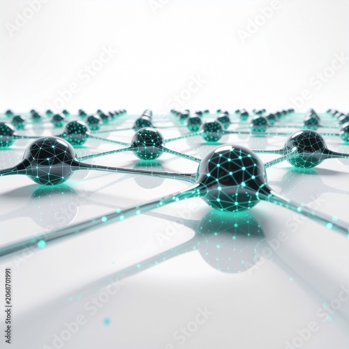 A futuristic network of connected spheres and lines in a white space.