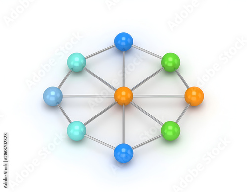 A 3D rendering depicts a network of interconnected spheres, symbolizing connections, relationships, and data flow against a clean white background.