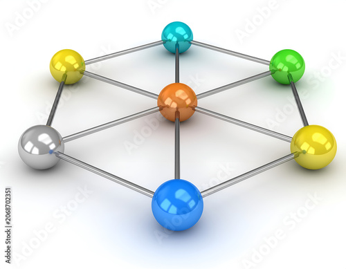 A vibrant, abstract 3D rendering depicts a network of interconnected spheres, symbolizing connectivity and complex relationships against a clean white background.