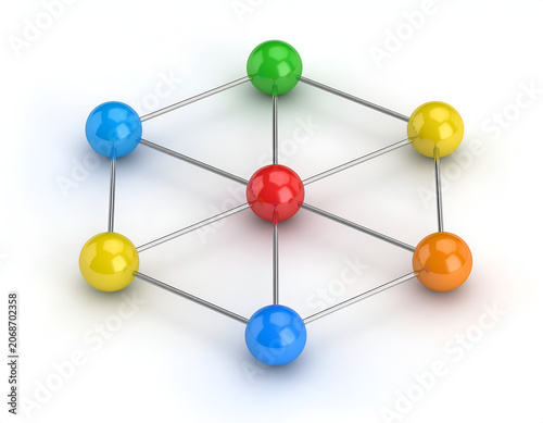 A vibrant, abstract representation of interconnected nodes forms a geometric network against a clean white background, symbolizing relationships and data flow.