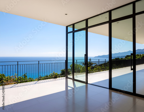 A modern home boasts expansive sliding glass doors offering a breathtaking panoramic view of the turquoise ocean and lush green hills under a clear blue sky.