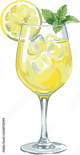 фотографія Refreshing summer lemon cocktail glass vector illustration with ice cubes mint leaf garnish limoncello spritz beverage isolated on white background