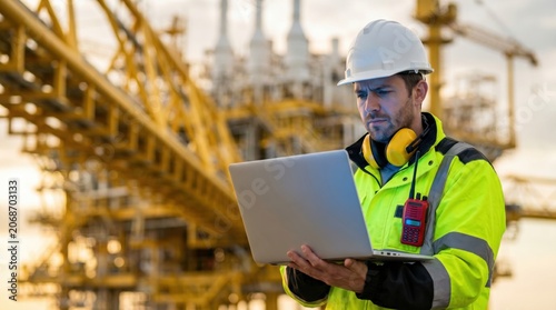 Engineer working on laptop at offshore oil rig platform.