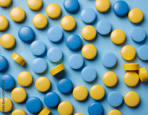 A vibrant, top-down arrangement of yellow and blue pills scattered across a light blue surface creates a visually striking and abstract composition.