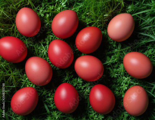 A vibrant collection of red-dyed eggs rests nestled amongst lush green foliage, creating a visually striking and festive composition.