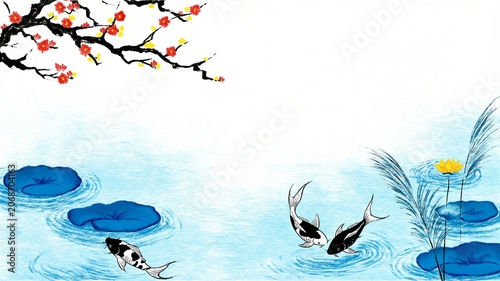 Ink Painting Of Koi Fish In Pond