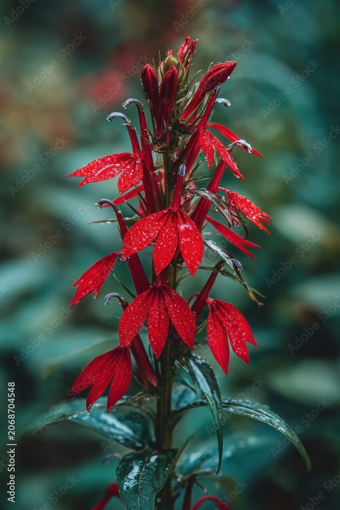 Obraz premium Macro photograph of a scarlet spike of cardinal flower amid soft bokeh and dew