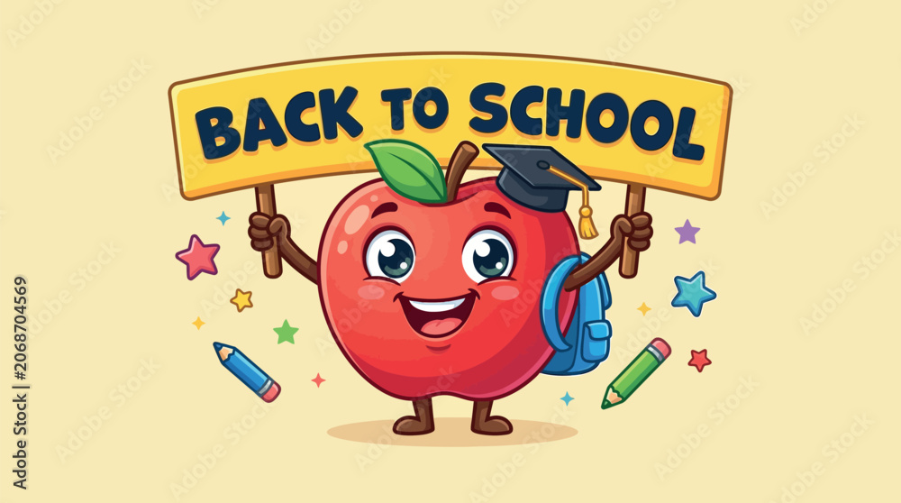Fototapeta premium Back to school cartoon apple character holding a yellow banner, cute red apple mascot with graduation cap and backpack, educational vector illustration for classroom posters and flyers.